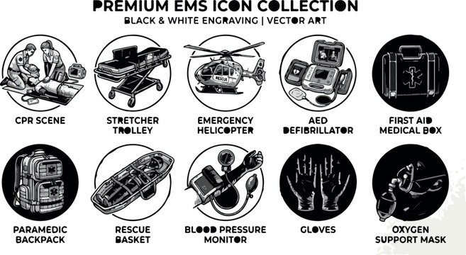 Emergency medical services icons set, black silhouette paramedic rescue equipment, 10 first aid and CPR vector elements for healthcare infographics isolated PNG with Transparent Background