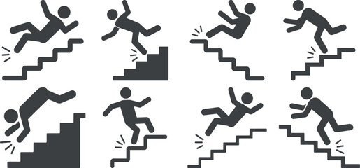 stickman slipping and falling down stairs safety icon set, accident hazard pictograms showing staircase fall scenarios, warning symbols for trip and fall risk on stairways © craft_art