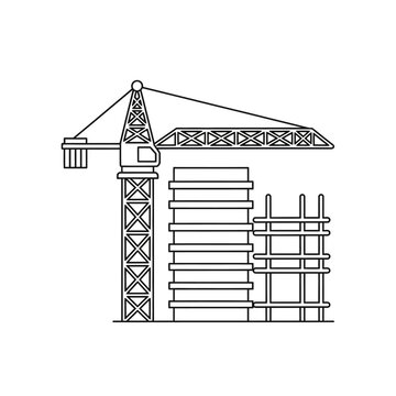 Minimalist line art of a crane constructing a building.