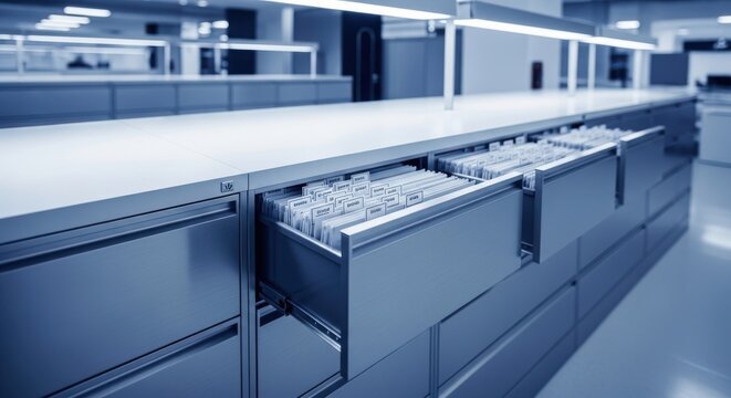 Metal filing cabinets with open drawers filled with documents and files in a modern office setting
