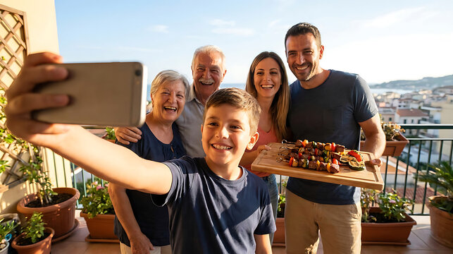 Multi-generational family taking a selfie with food on a balcony, group photo