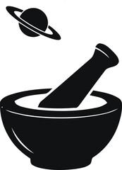 mortar and pestle with planet saturn black silhouette on white background © Jinan