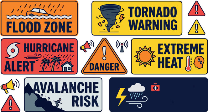 Natural disaster warning signs collection, extreme weather alert icons, flood hurricane and tornado emergency labels, vector safety symbols isolated PNG with Transparent Background