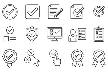 Fototapeta premium Certification and approval thin line icon collection for quality control and business management