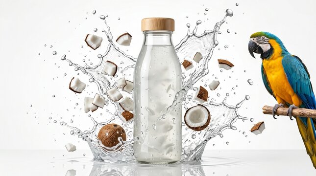 Refreshing coconut water bottle with splashing coconut pieces and a vibrant macaw parrot on a white background.