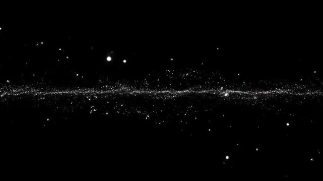 Static shot of Milky Way galaxy in black and white with dense star field and galactic plane visible