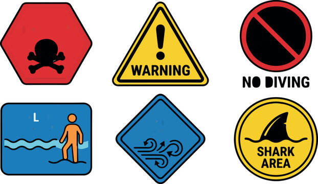 Safety warning signs collection, 6 industrial hazard icons, shark area and no diving beach alerts, toxic poison and wind caution symbols vector isolated PNG with Transparent Background