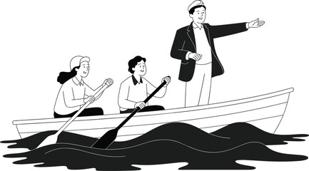People rowing boat vector illustration featuring teamwork leadership and outdoor water adventure in vintage line art style © Kaiyum