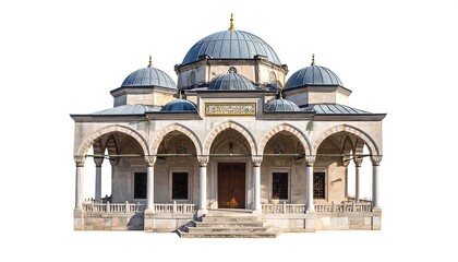 Fototapeta premium Ornate, multi-domed building featuring arched porticos, steps, and a large central entrance with gold accents. Rendered against white