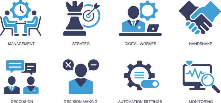 Business, management and digital transformation icon set featuring strategy innovation technology and efficiency, editable solid vector illustration collection.