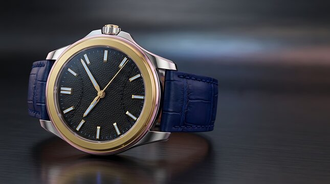 Luxury wristwatch with blue dial and gold case on dark reflective surface in elegant close-up