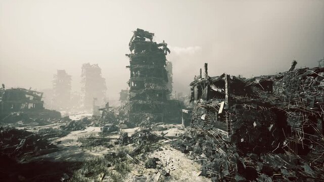 Abandoned industrial block surrounding collapsed tower and fractured facades, crumbling warehouses and rusted frameworks, silent loading bays overtaken