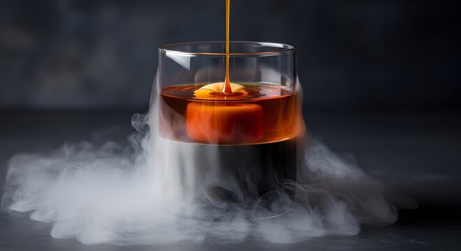 Elegant glass of whiskey with ice and dry ice smoke effect.
