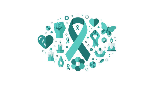 Teal Awareness Ribbon Illustration with Health and Support Icons for Ovarian Cancer, PCOS, and Cervical Cancer Awareness Campaigns