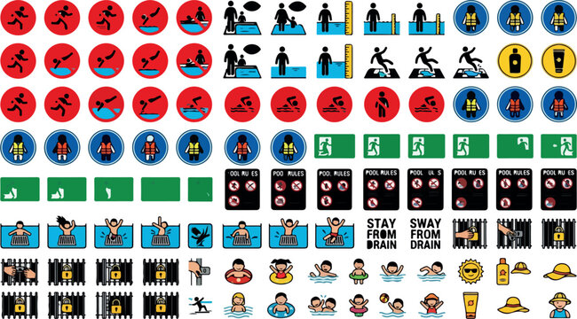 Swimming pool safety icons set, water park warning signs and prohibition symbols, aquatic center security labels, vector collection of pool rules isolated PNG with Transparent Background