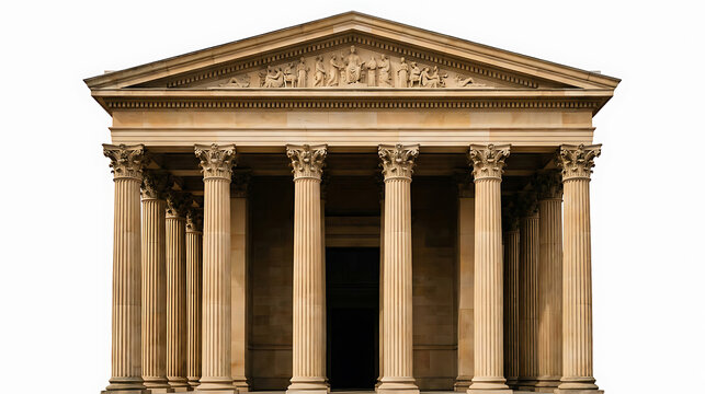 Front view of classical stone temple with columns pediment steps, historic build