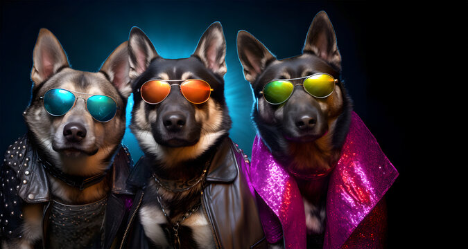 Creative animal concept. Group gang of German Shepherd dog puppy in neon bright sparkly rock punk colour outfit. copy text space. commercial, editorial advertisement party invitation invite