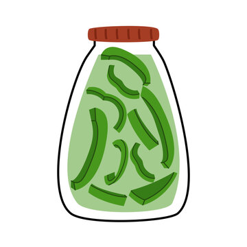 Homemade jars of preserving green pepper sliced in brine