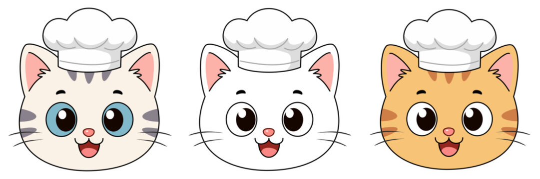 Adorable chef cat avatar set with various fur colors and expressive faces. Cute culinary mascot vector collection for cafe branding, restaurant menus, food apps, and kitchen themes.