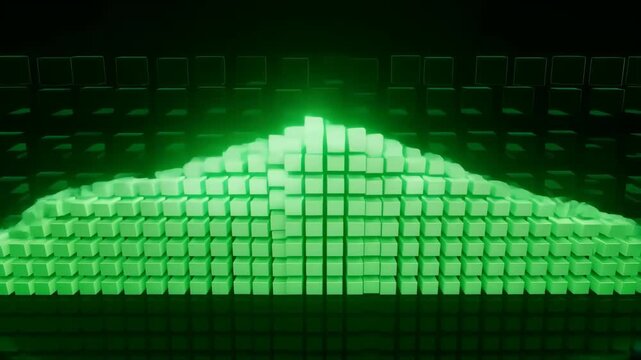 Grid of glowing green visual effects with pixelated light patterns featuring digital art, abstract background, futuristic design with digital display