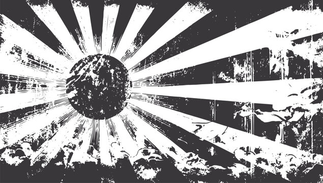 Distressed japanese rising sun flag in black and white