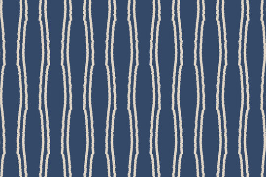 Traditional Shibori Indigo Stripe Seamless Pattern. Abstract Blue and Ivory Textured Geometric Line Backdrop for Bohemian Apparel, Fashion Fabric, and Wallpapers.