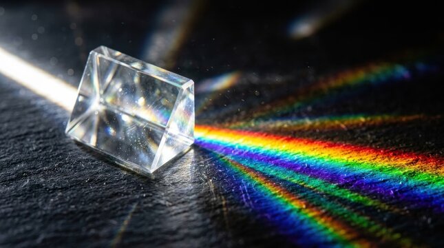 Rainbow colors projected from a crystal prism, light dispersion, spectrum of colors, macro photography, bright lighting, abstract