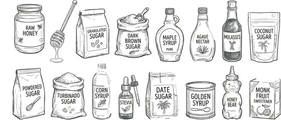 Natural sweeteners and sugar alternatives sketch set including honey maple syrup stevia © harry