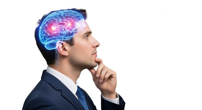 Man thinking with brain illustration and deep thoughts