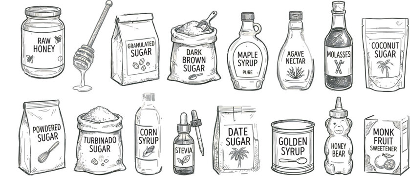 Natural sweeteners and sugar alternatives sketch set including honey maple syrup stevia
