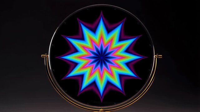 Kaleidoscope star mandala with neon blue purple green rays in symmetrical circular motion for abstract background design