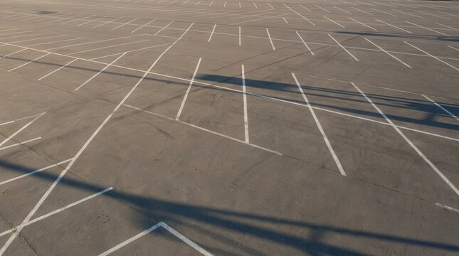 Geometric white lines forming parking stall arrangements on an asphalt ground