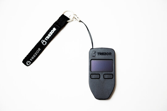 Odesa, Ukraine - April 7, 2026: Black Trezor One hardware crypto wallet isolated on white background