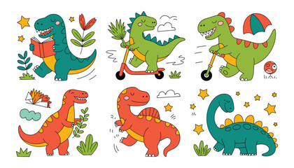 Obraz premium Cute dinosaur illustrations set reading scooter balloon and playful designs