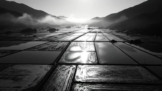 Black and white aerial view of flooded rice fields reflecting sunlight between mountains and low clouds