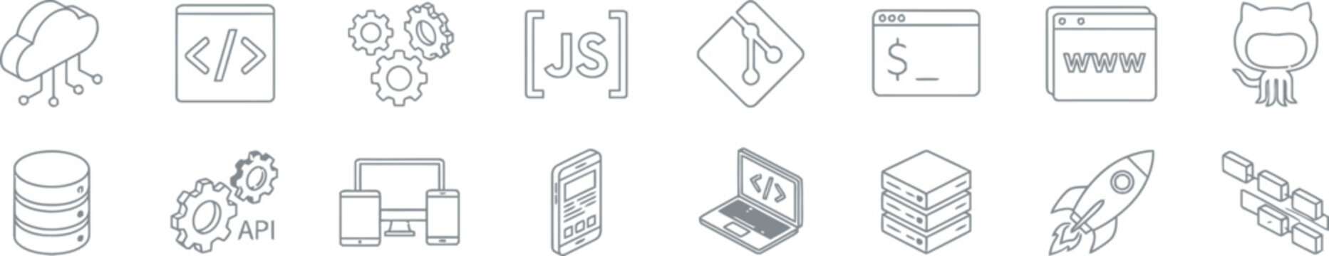 Software development and devops web engineering line icon set featuring cloud code repository api server symbols