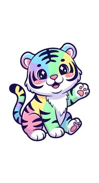 Adorable rainbow colored baby tiger cub sitting and waving