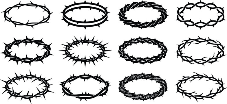 Various barbed wire crowns are arranged in rows on a plain surface