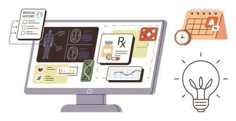 Fototapeta premium Digital health, telemedicine, data analysis, patient care, innovation, scheduling systems. A monitor shows medical records, charts and data. Digital health and telemedicine visualization concept
