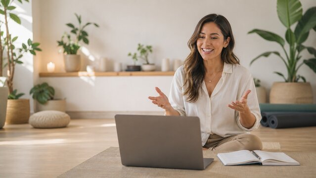 modern remote work lifestyle wellness coach in a bright room