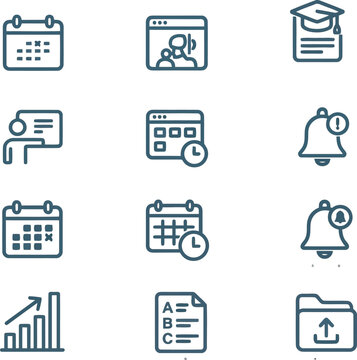 Online education and learning management system icons pack featuring calendar schedule symbols