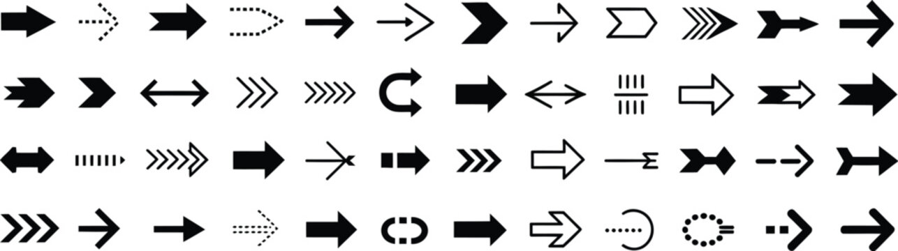 Arrows, big black icon set with modern simple bold vector collection featuring directional markers cursor symbols and minimal navigation pointers.