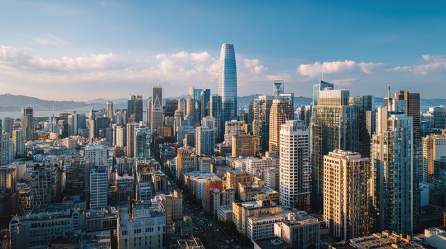 City skyline shows tall buildings and a clear sky over a busy urban area in San Francisco during daylight hours