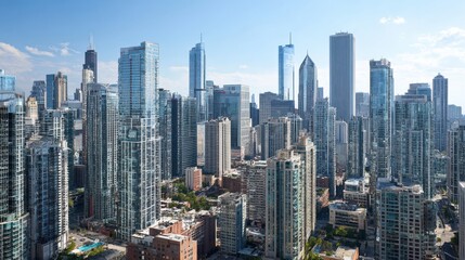 Fototapeta premium View of city skyline in bright daylight showing tall buildings and clear blue sky over a bustling urban area during midday