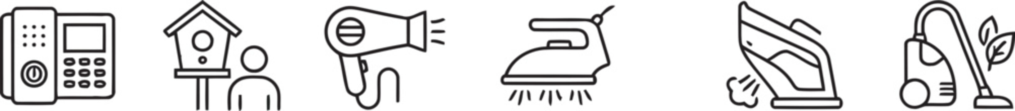 Household appliances and home maintenance line icon set featuring landline telephone birdhouse hairdryer