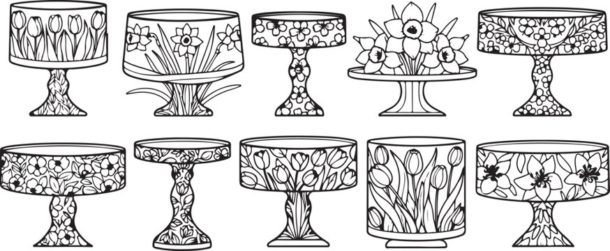 Set of ten illustrated golden goblets with floral patterns Vector