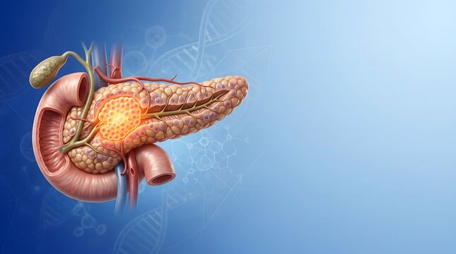 Pancreas Anatomy Illustration with Pancreatic Tumor and Digestive System Medical Concept