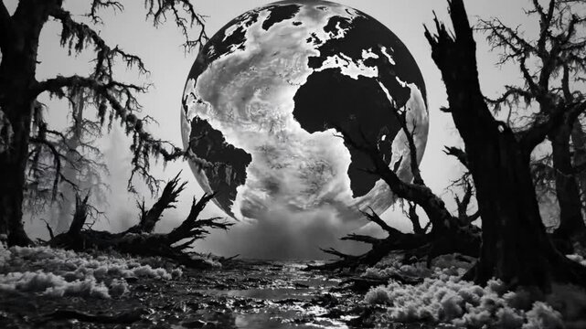 Surreal black and white landscape with earth surrounded by trees and water for apocalypse or environmental disaster themes