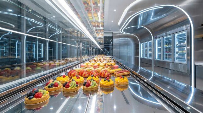 Luxurious bakery display case showcasing an assortment of fresh, colorful pastries and tarts illuminated by modern lighting.