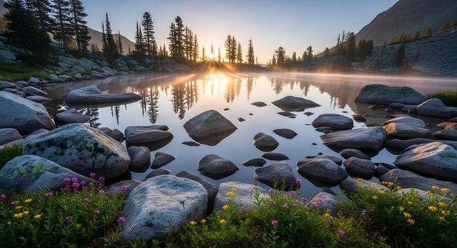 Large rocks by serene lake water.